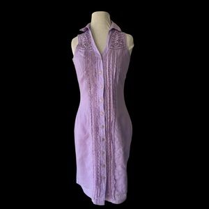 Vtg 70s Frixio Embroidered Lavender Guayabera Shirt Dress Sz 8 Ramie Cabana